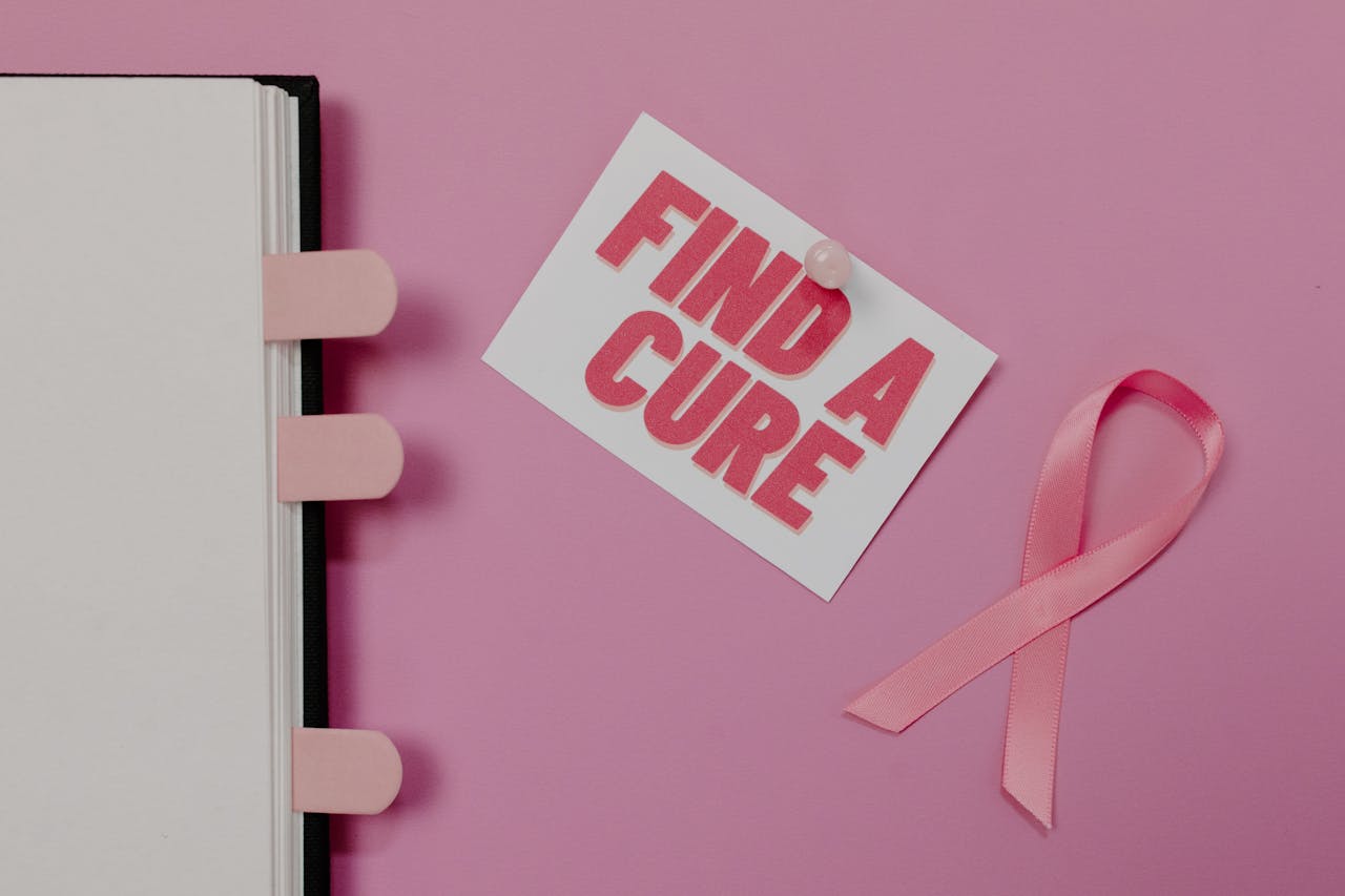 Pink ribbon and 'Find a Cure' note for breast cancer awareness.